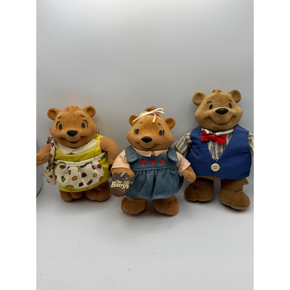 Vintage The Barrys Flocked Bears Toy Box‎ Creations Plush Set of 3 with Tags 80s